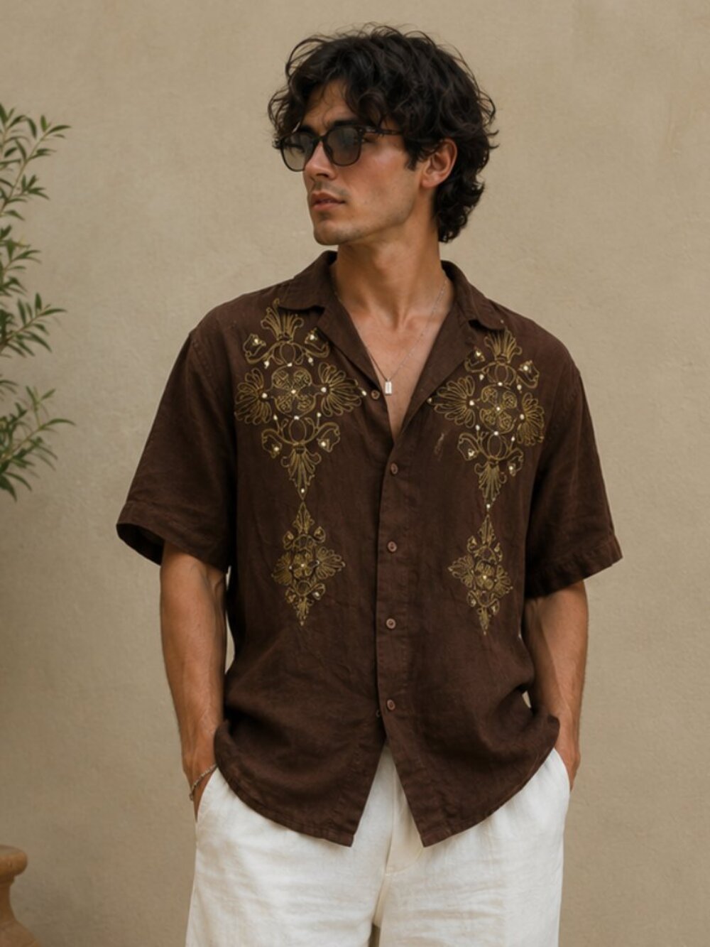 Vintage Y2K GB Collection 100% Linen Brown Embroidered Shirt Men’s 2XL Boho